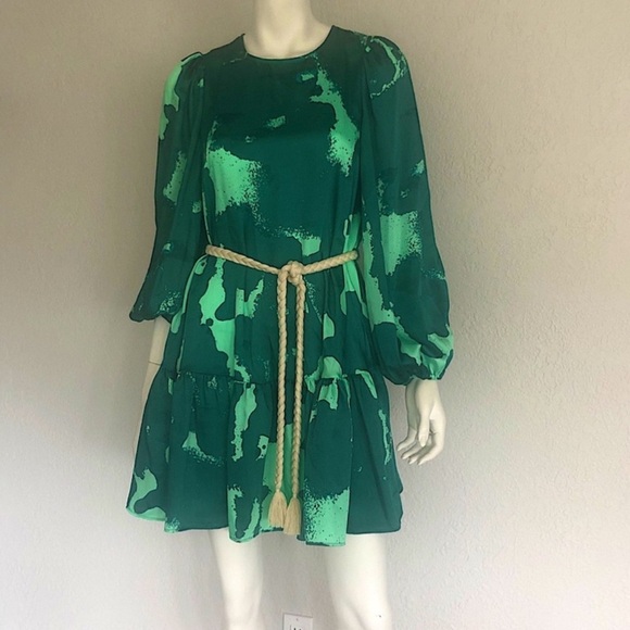 Alexis for Target Green Print Long Sleeve Rope Belt Tiered Dress Size XS - Picture 9 of 9